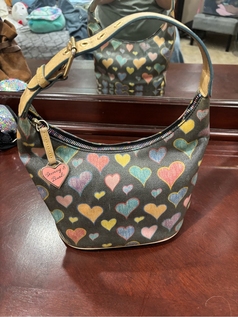 Dooney & Bourke Multicolor Heart-Print Shoulder Bag with Tan Trim